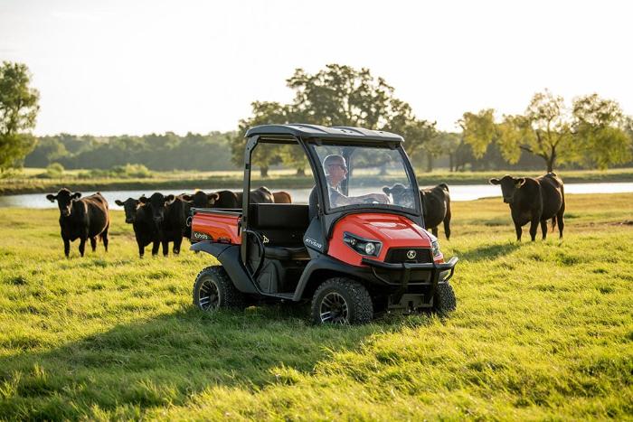 Kubota RTV520 utility vehicle working near cattle in a pasture