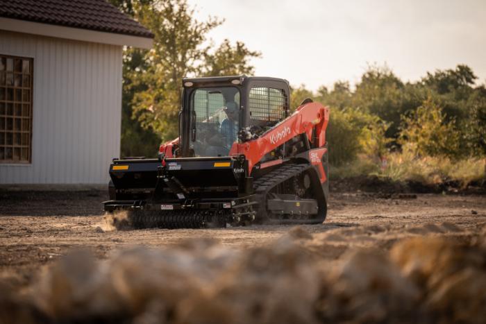 Kubota SVL75-3 compact track loader with a 74-inch smooth bucket